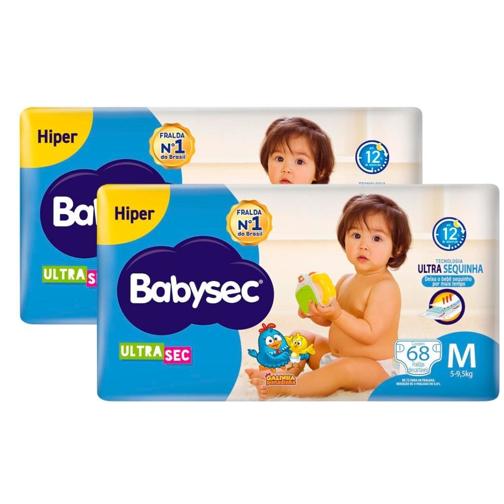 Kit 2 Fralda Babysec Ultrasec Hiper Tamanho M com 68 Unidades Descartáveis
