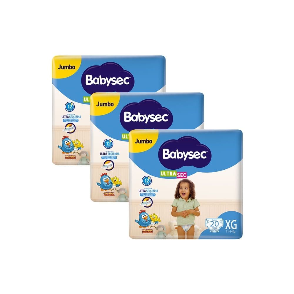 Kit 3 Fralda Babysec Ultrasec Tamanho XG Pacote Jumbo 20 Fraldas Descartáveis