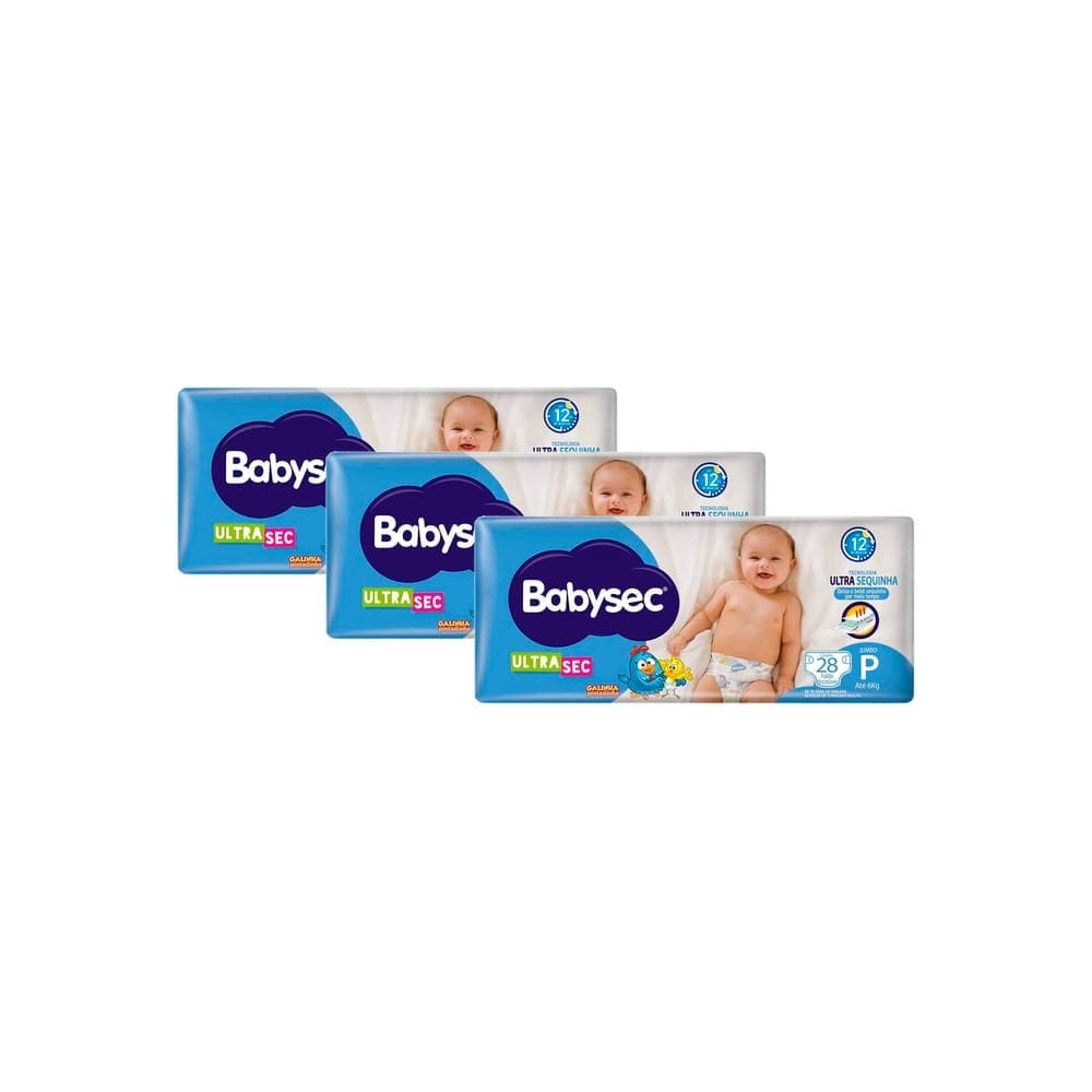 Kit 3 Fralda Babysec Ultrasec Tamanho P Pacote Jumbo 28 Unidades Descartáveis