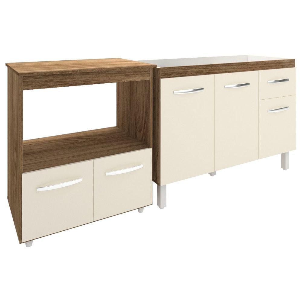 Cozinha Armário Balcão Gabinete De Pia Aline 120 Cm E Balcão Amanda Para Microondas E Forno Elétrico Savana Off White
