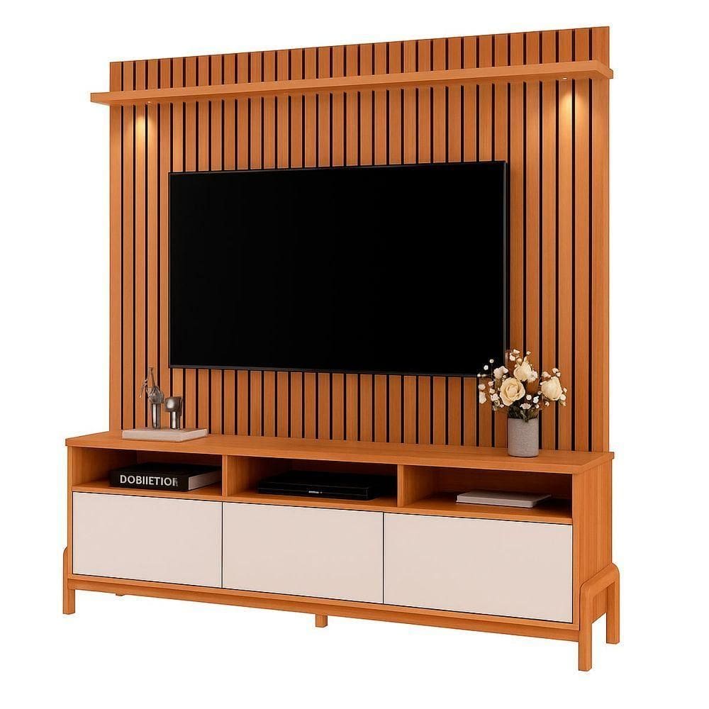 Rack Bancada Com Painel 1 Porta 2 Gavetas Para Tv De Até 75 Viron Jequitibá Ripado 3d-off White