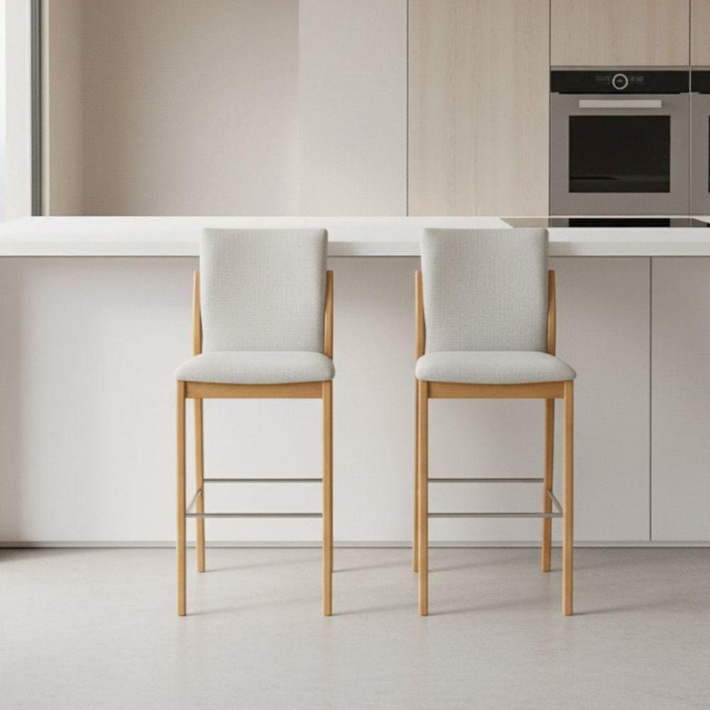 Kit 2 Banqueta Aura Alta Madeira Maciça E Linho 25 Bege Design Moderno Conforto Com Apoio Para Pés Mobília Decor