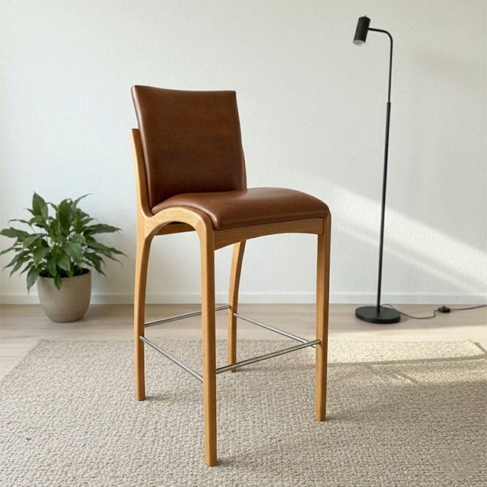 Banqueta Aura Alta Madeira Maciça E Courino Marrom Design Moderno Conforto Com Apoio Para Pés Mobília Decor