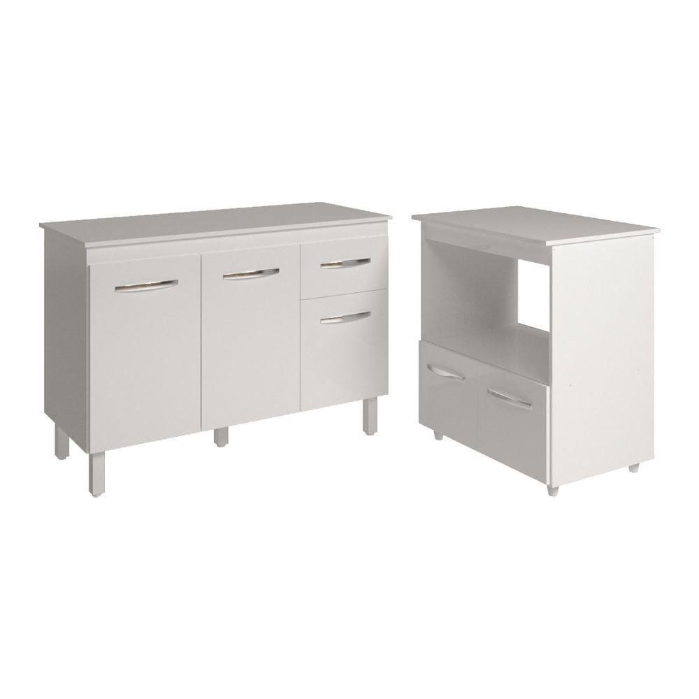 Balcão Armário Gabinete Aline 118 Cm Com Tampo Tampão E Balcão Amanda Para Forno E Microondas Branco