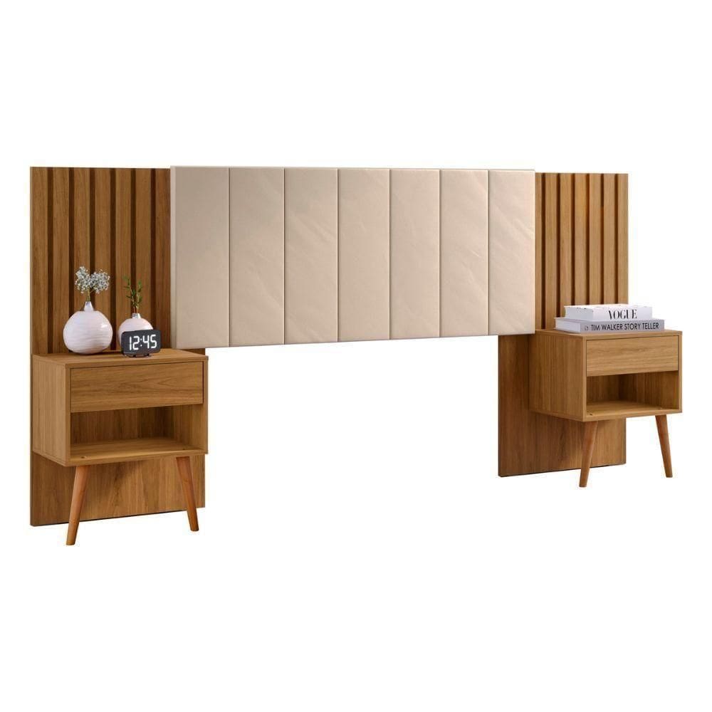 Cabeceira Queen Extensivel Estofada Com Mesa De Cabeceira