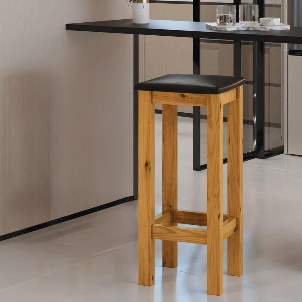 Banqueta De Madeira Maciça Alta Assento Estofado Corano Preto