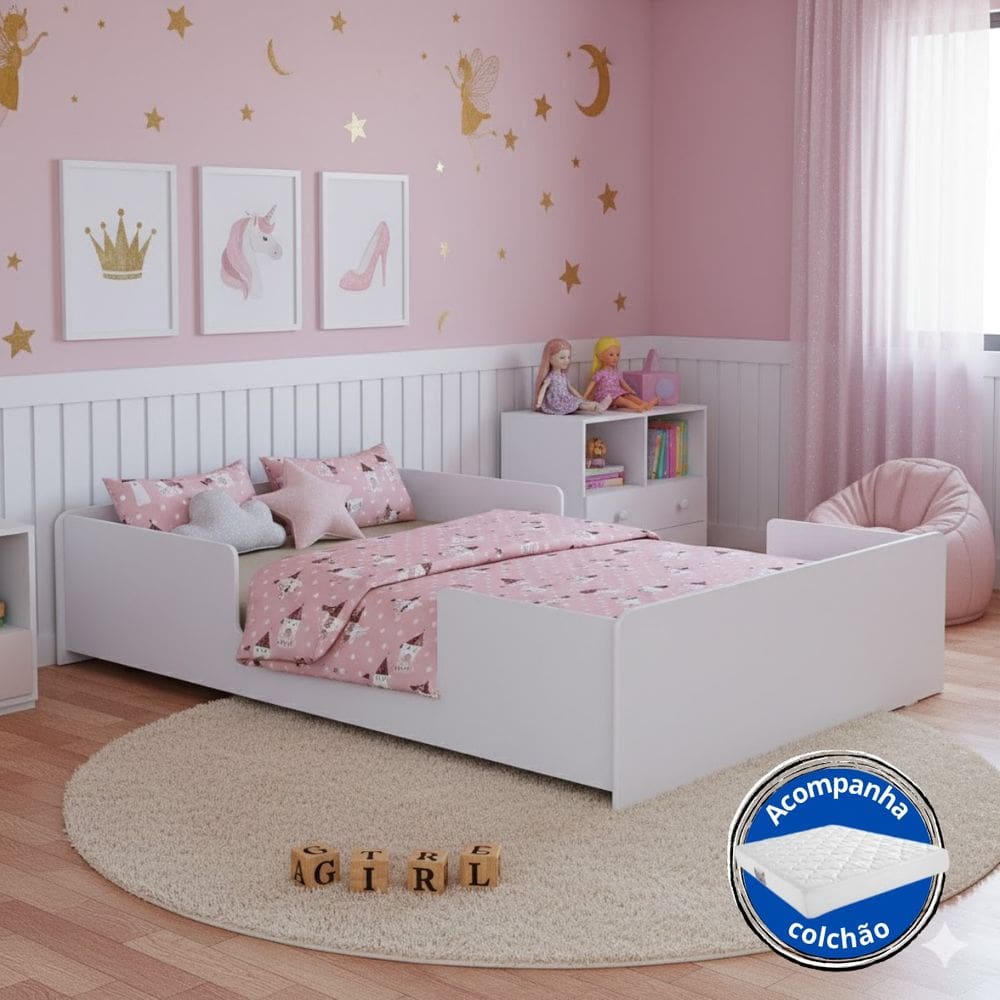 Cama Baixa Infantil Montessoriana Com Colchão Ideal Para Transição Do Berço com Proteção Lateral