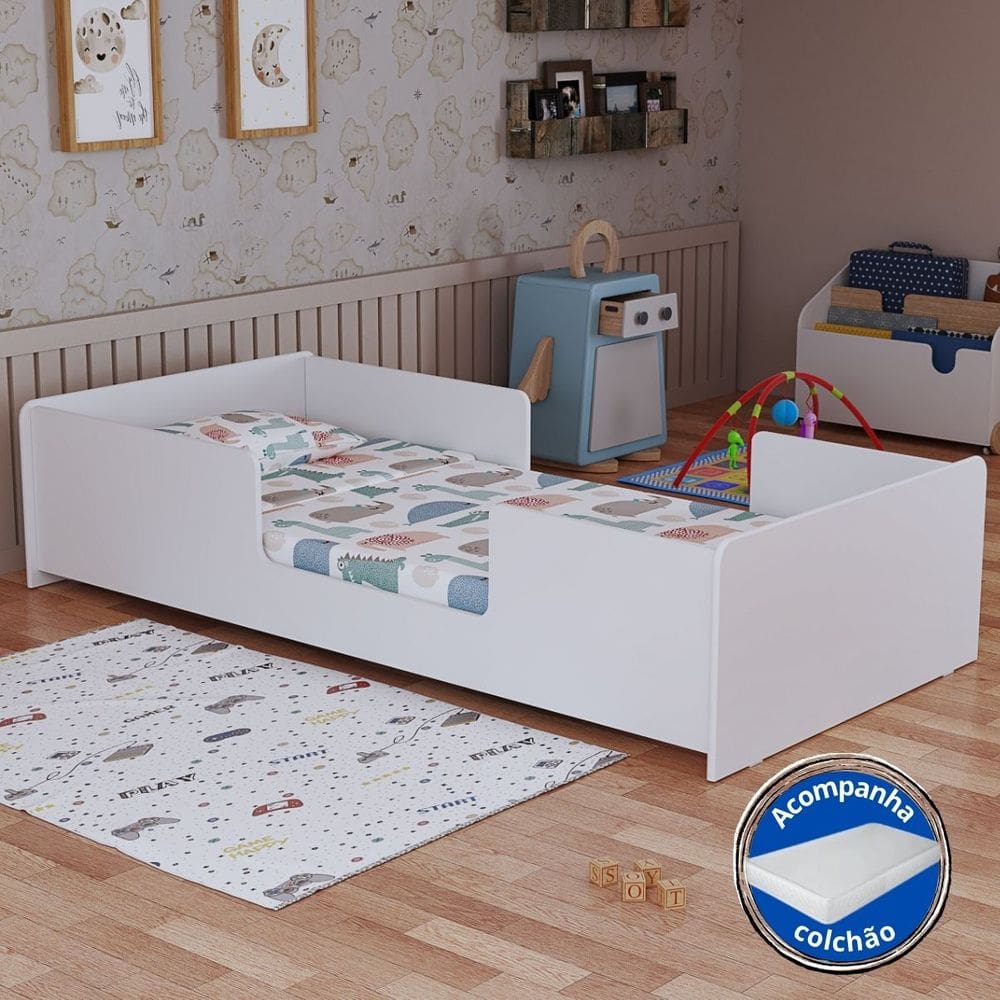 Cama Infantil Solteiro Tipo Montessoriana Com Colchão Incluso Proteção Lateral