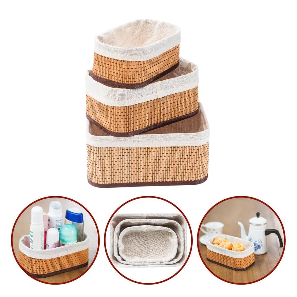 Kit 3 Cestos Organizadores Bambu Premium Multiuso Com Forro