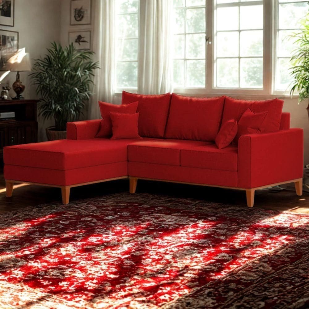 Sofá 3 Lugares Beny Com Chaise Esquerdo Suede Vermelho