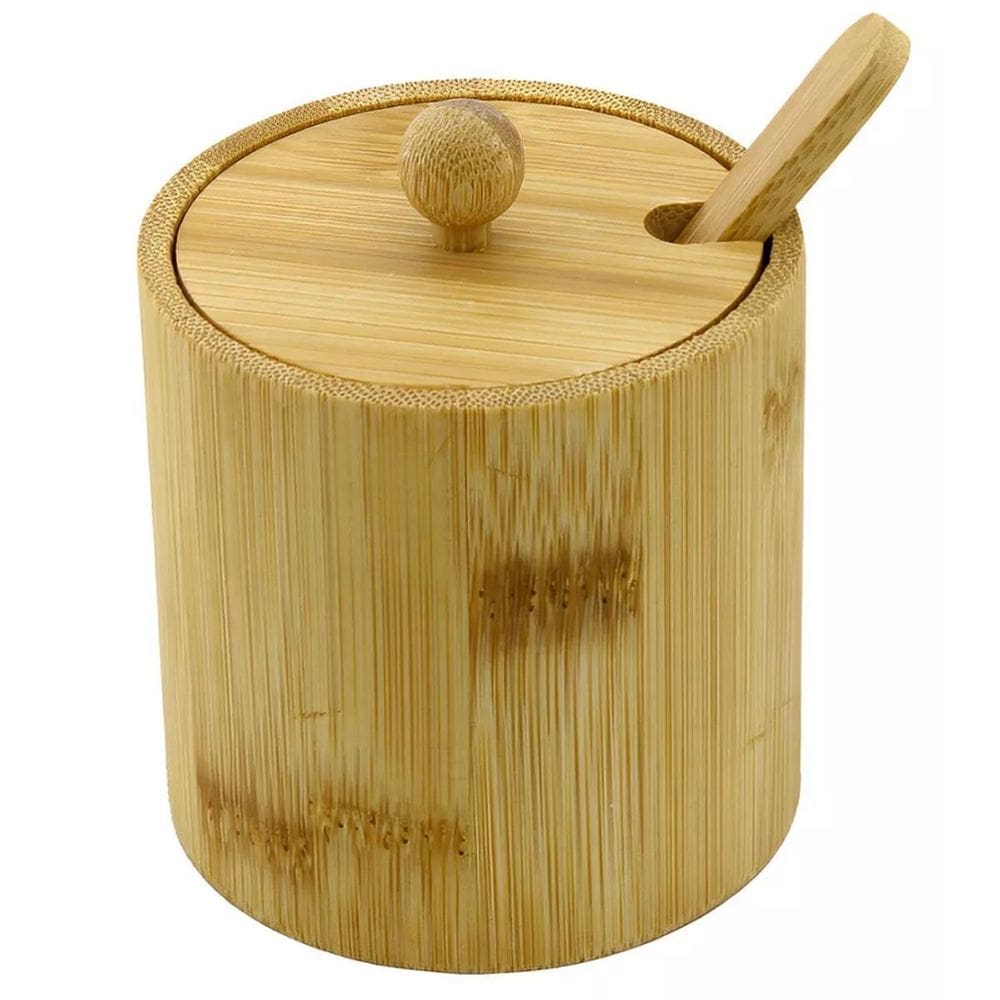 Pote Bambu Com Tampa E Colher Saleiro Açucareiro Condimentos