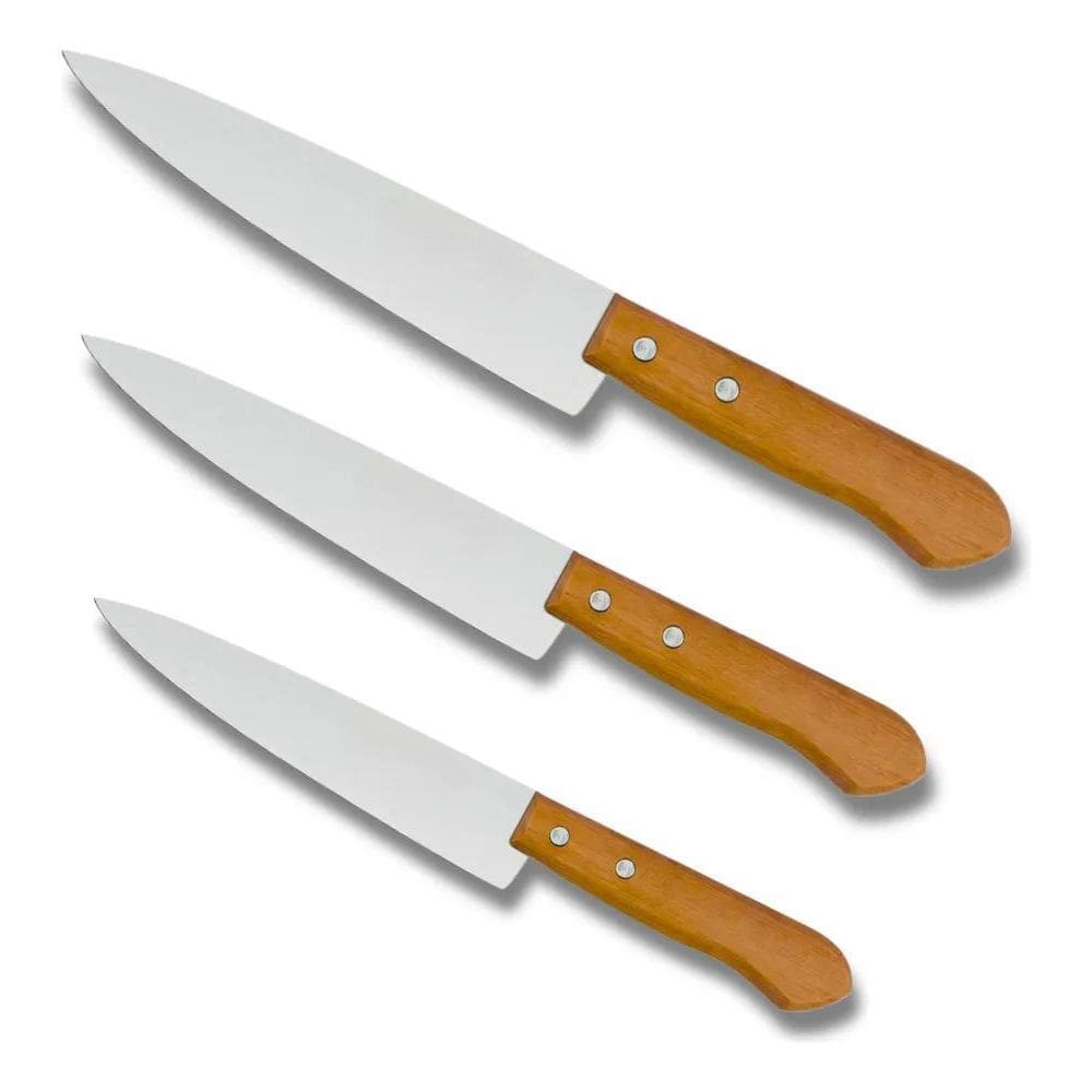 2X Kit 3 Facas Peixeira Cabo De Madeira Aço Inox Tamanhos 6