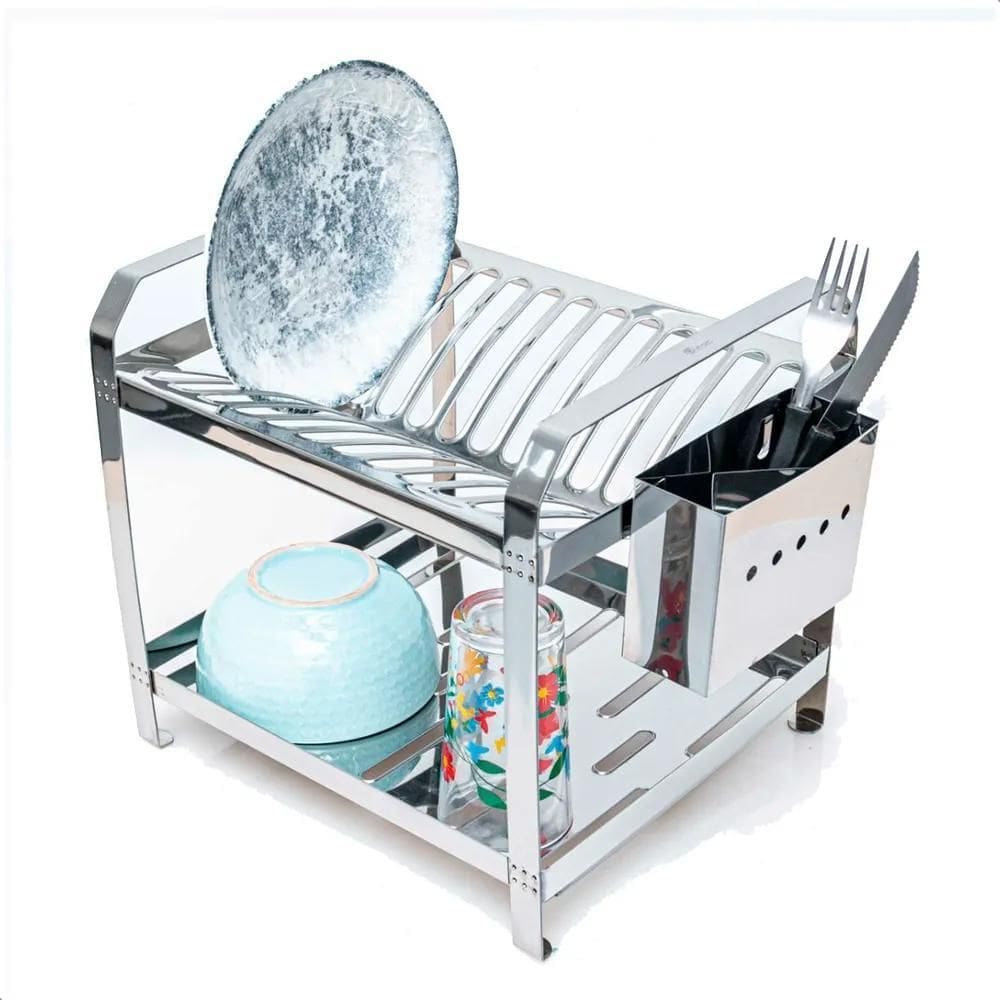 3X Escorredor De Aço Inox 16 Pratos Com Porta Talheres Inox