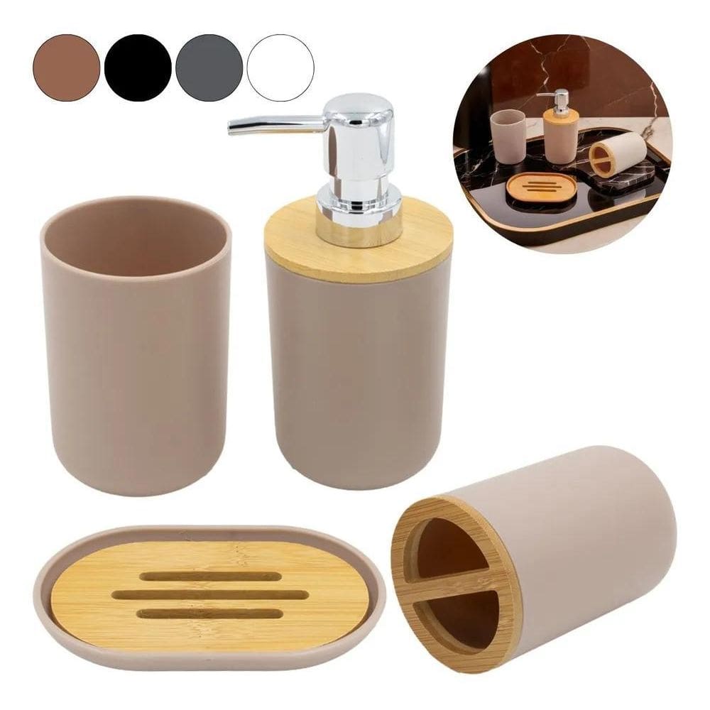 Kit Acessórios De Banheiro Lavabo 4 Peças Plástico Madeirado