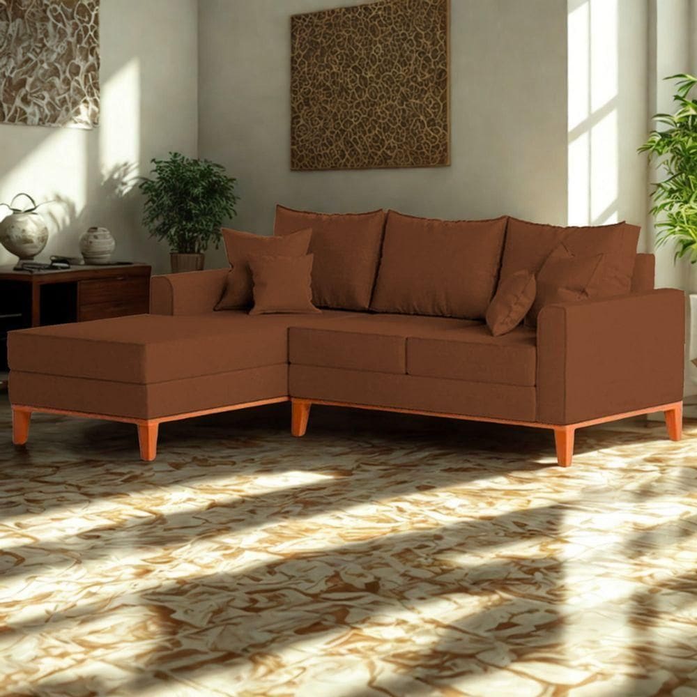 Sofá 3 Lugares Beny Com Chaise Esquerdo Corino Terracota