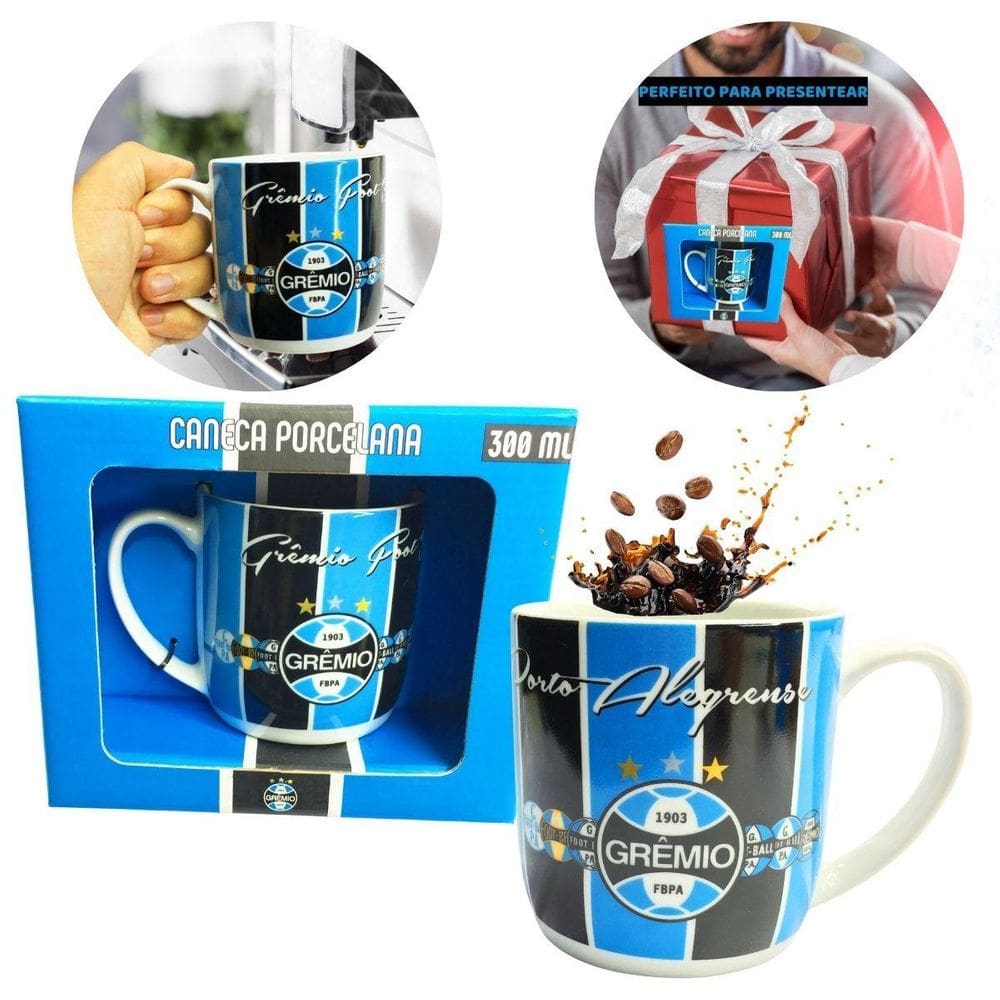 Caneca Xícara Porcelana Reforçada 300Ml Azul Café Chá Escudo