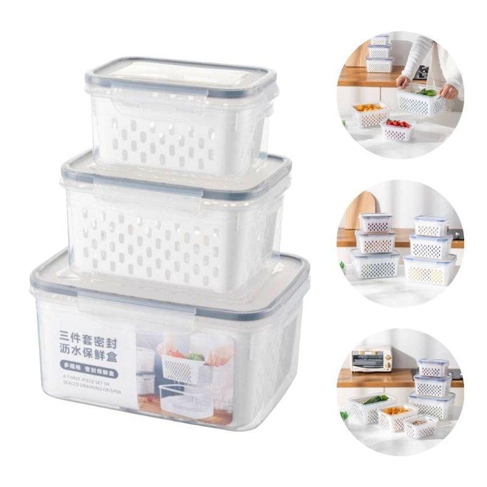 Conjunto 03 Potes Herméticos Empilhável Com Cesto Interno