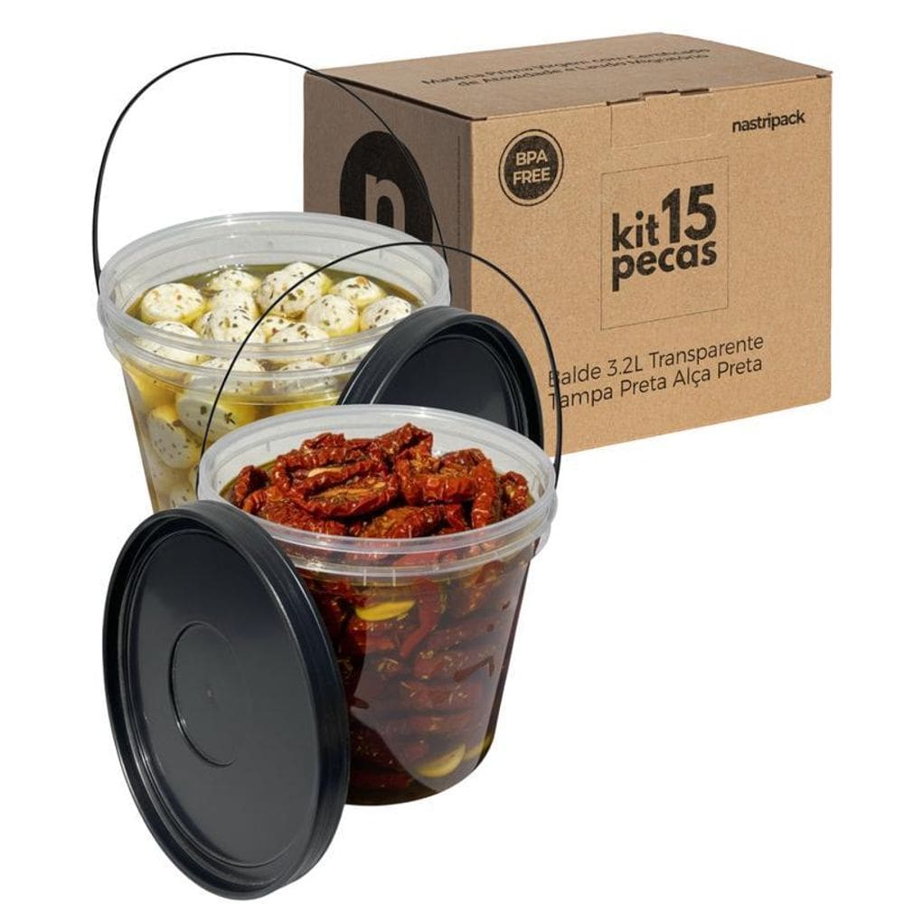 Balde Transparente Com Tampa Preta Cozinha - 15 Pçs