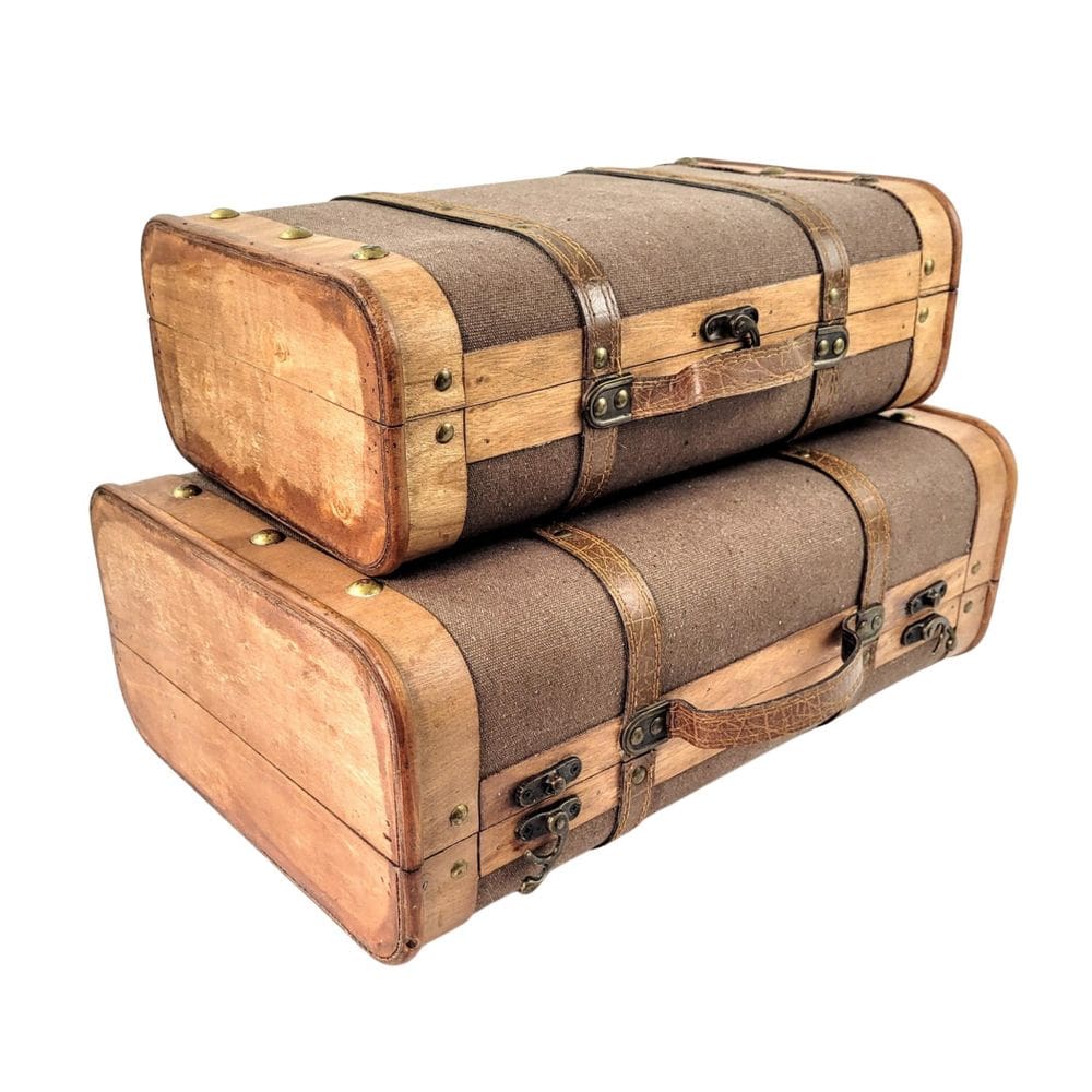 Kit Maletas De Madeira Decorativa Marrom Baú 45/38Cm 2Pç