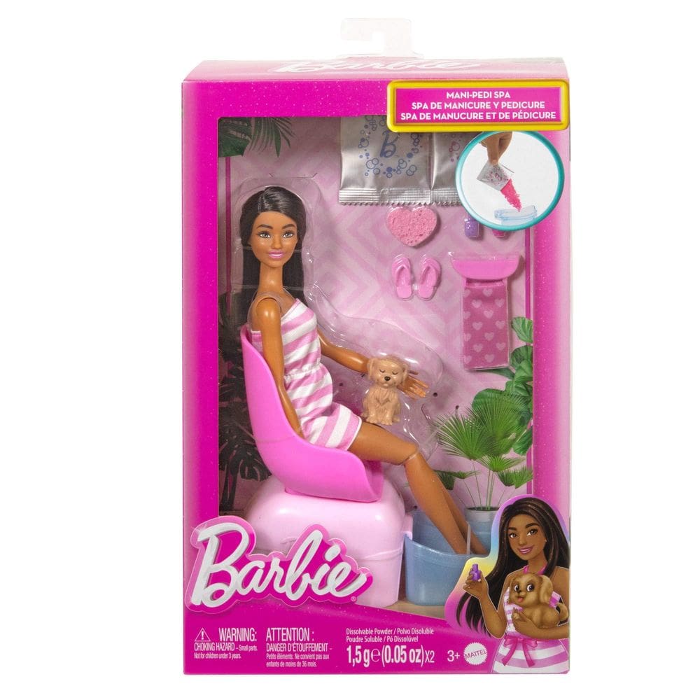 Conjunto de brinquedos Barbie Mani-Pedi Spa com boneca morena e 7 acessos.