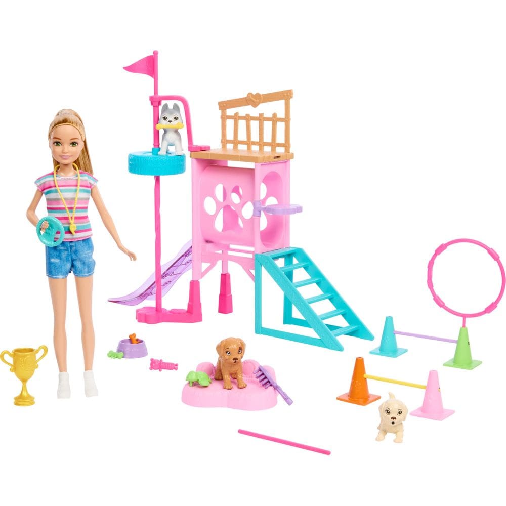Conjunto de brinquedos Barbie e Stacie to The Rescue com boneca e 3 cães
