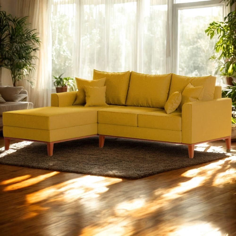 Sofá 3 Lugares Beny Com Chaise Esquerdo Suede Amarelo