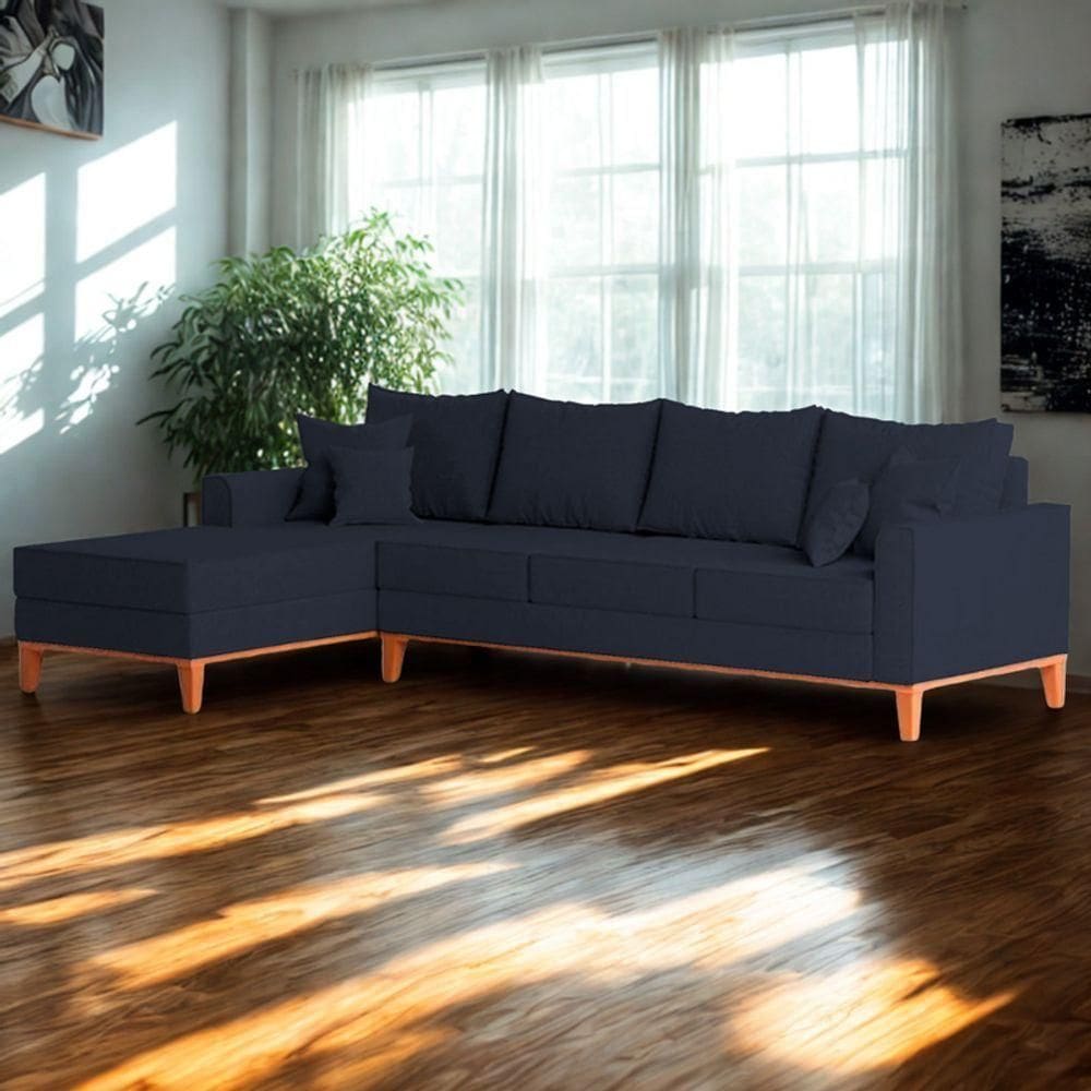 Sofá 4 Lugares Beny Com Chaise Esquerdo Linho Azul