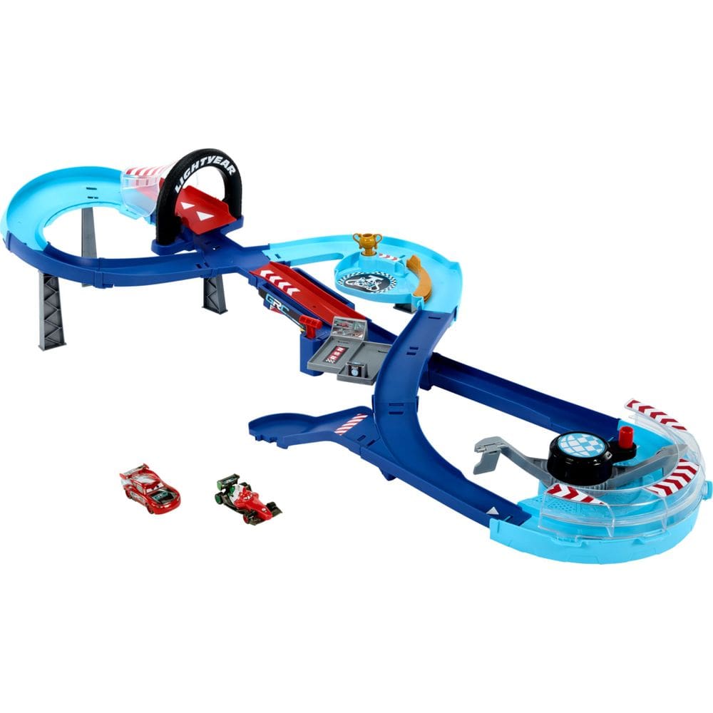 Playset Mattel Disney Pixar Cars com 2 carros de brinquedo Lightning McQueen e Francesco Bernoulli GRC Jumping Raceway Set com reforço