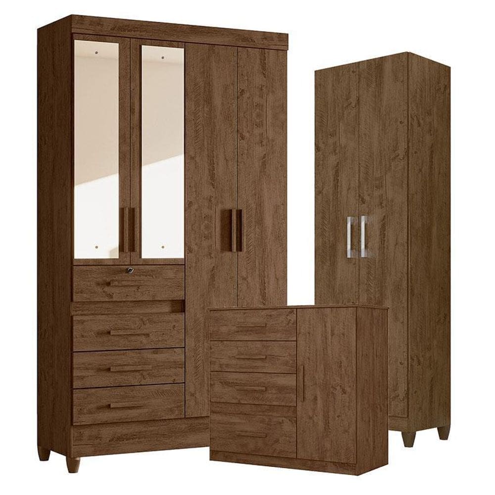 Guarda Roupa com Espelho Solteiro Sobral com Cômoda Vênus e Armário Multiuso New Íris Castanho Wood – Moval
