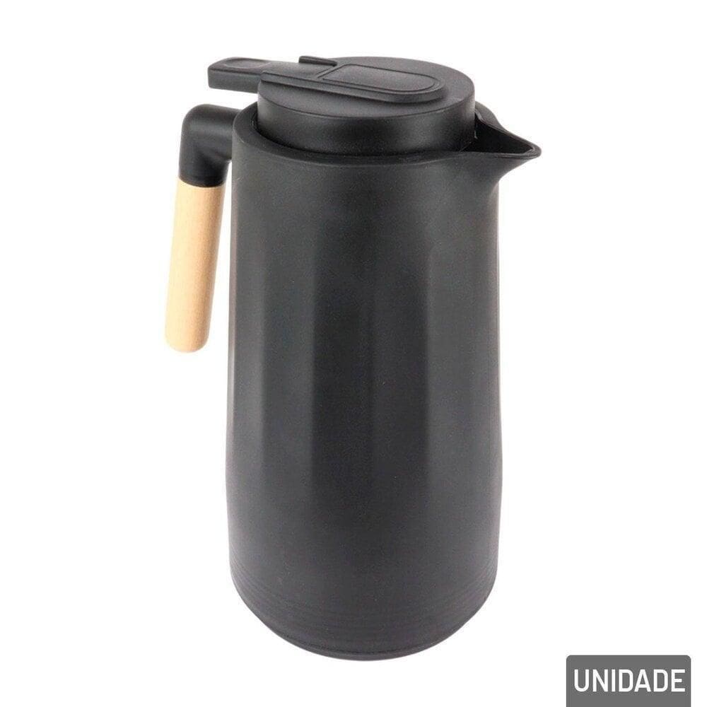 Garrafa Térmica Plástica 1L Preto Cabo De Madeira