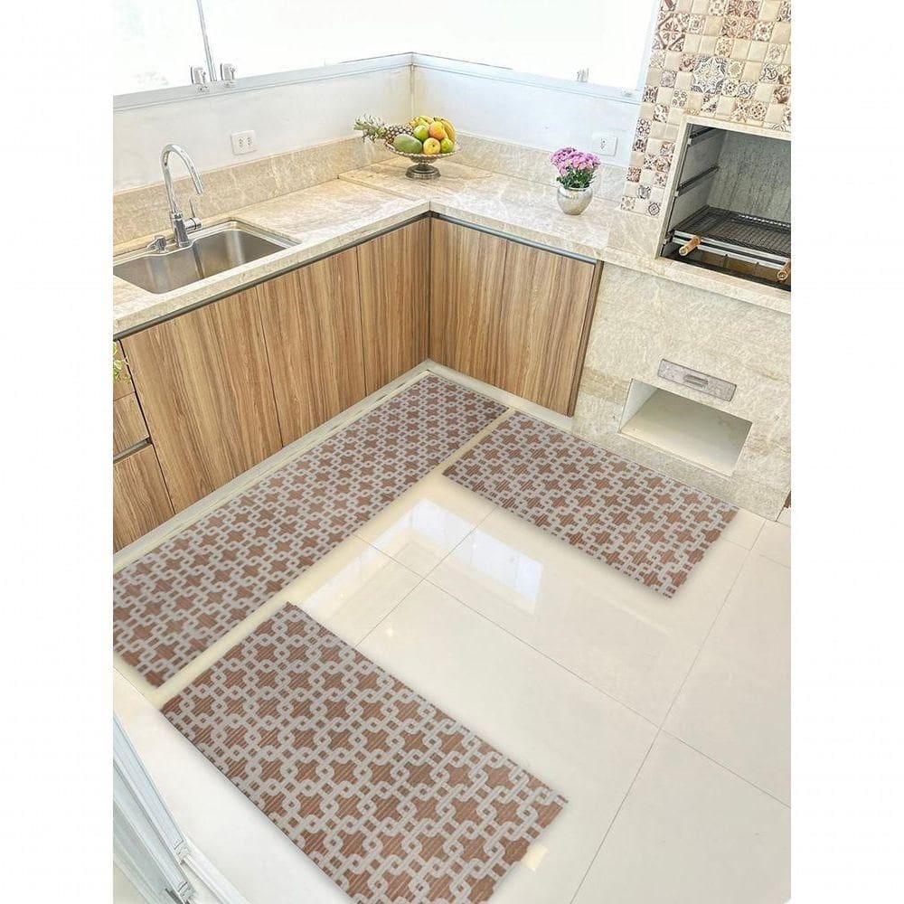 Kit 3 Peças Jogo Cozinha Passadeira Emborrachada Não Derrapa Elos Marrom Bege