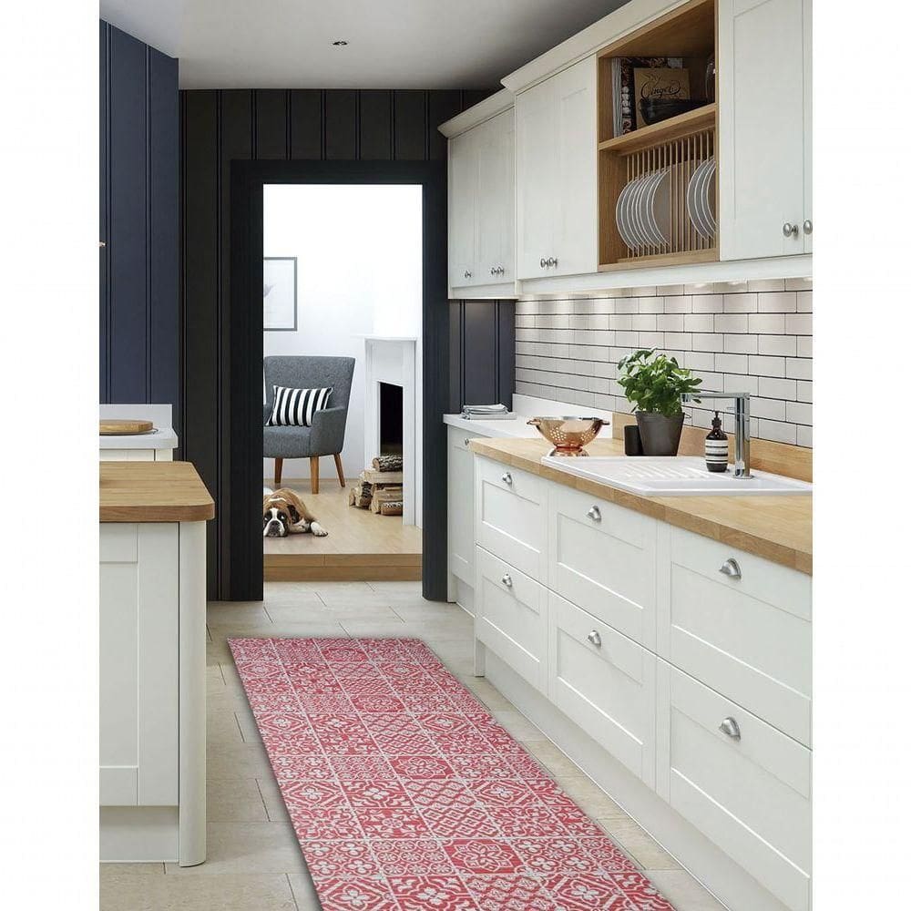 Tapete Passadeira Emborrachada Pvc Antiderrapante 0,65x5,00m Azulejo Vermelho Branco