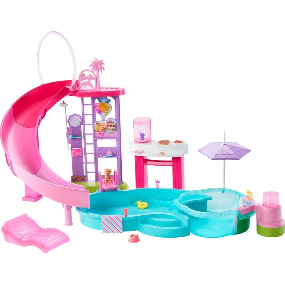 Conjunto de brinquedos Barbie Dream Pool com 6 áreas de lazer e mais de 20 acessórios