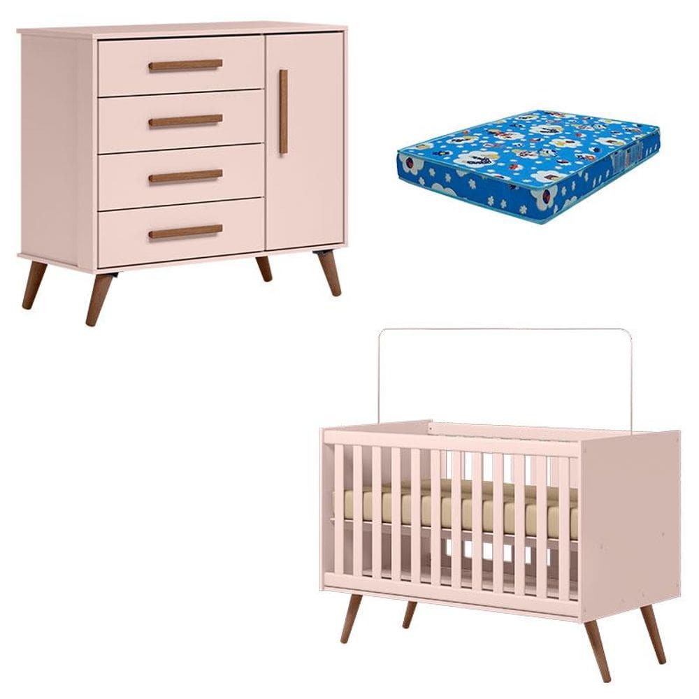 Berço Americano 3820 e Cômoda Infantil 3825 Q Encanto Retrô Rosa com Colchão Tend Tudo - Qmovi