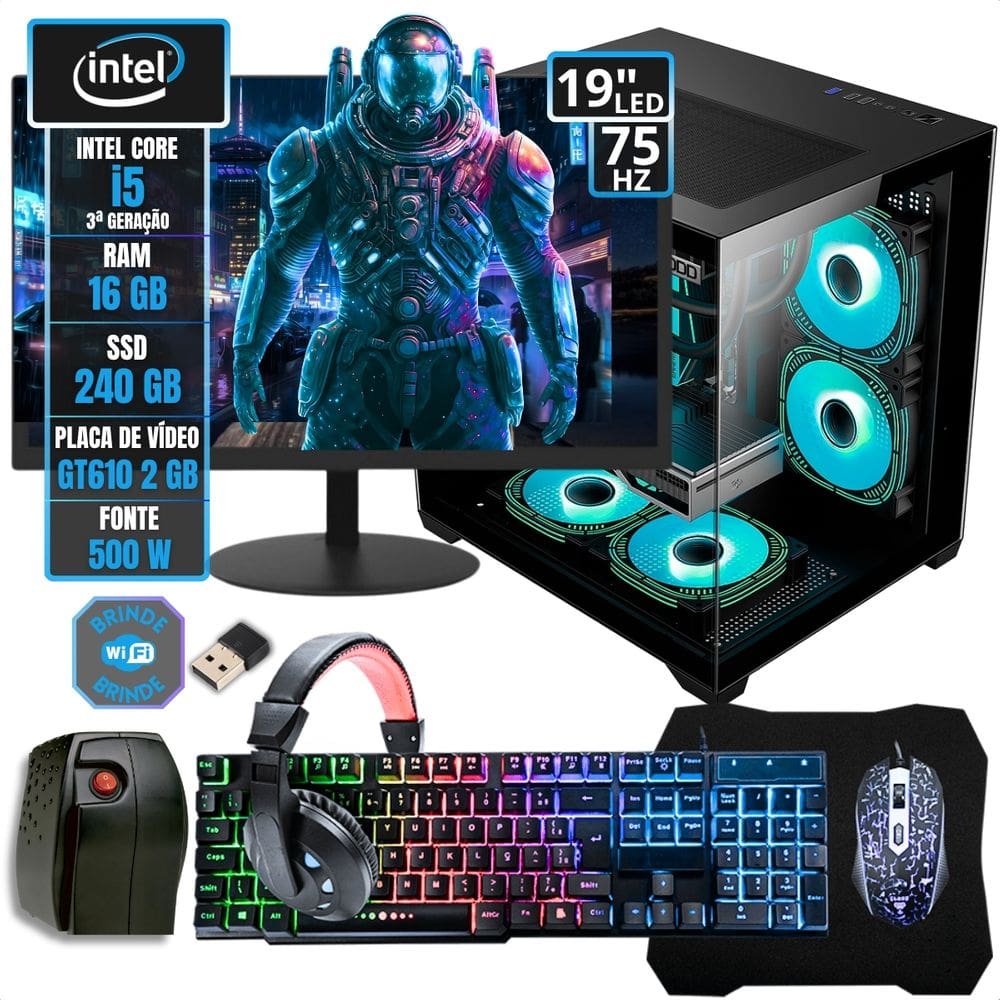 Pc Gamer Aquário Completo Montado Estabilizador Intel I5 3°g - 240 Gb - 16 Gb - Gt610 2gb