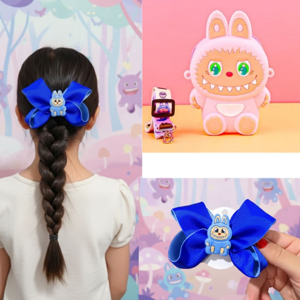 Kit Bolsa Silicone Fofa + Laço de cabelo 3D bico de pato Bolsinha Labubu porta moedas Acessórios para crianças Presente