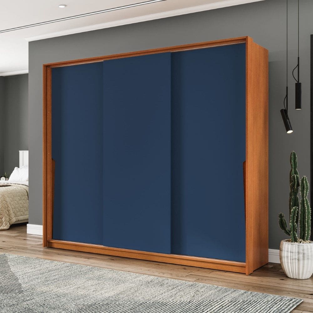 Guarda Roupa Roupeiro 3 Portas de Correr 4 Gavetas Porto Freijó Azul Politorno Móveis