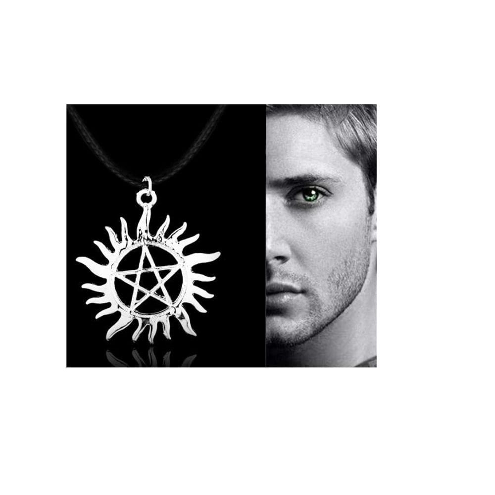 Colar Sol Pentagrama Supernatural Serie Prateado Couro