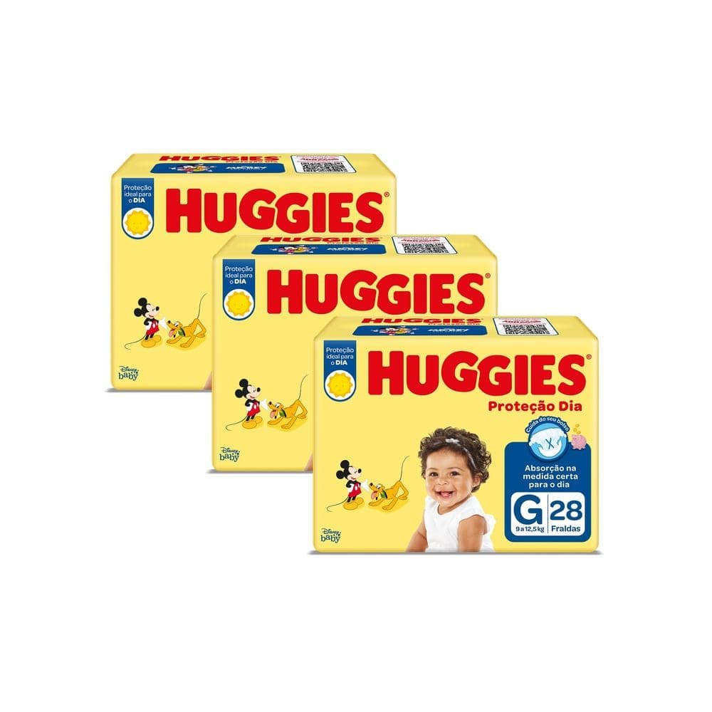 Kit 3 Fralda Huggies Proteção Dia Tamanho G 28 Unidades Descartáveis