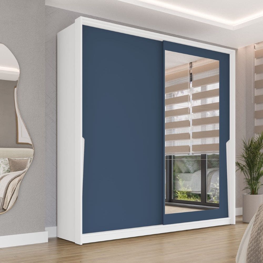 Guarda Roupa Roupeiro 2 Portas de Correr 2 Gavetas com Espelho Porto Branco Azul Politorno Móveis