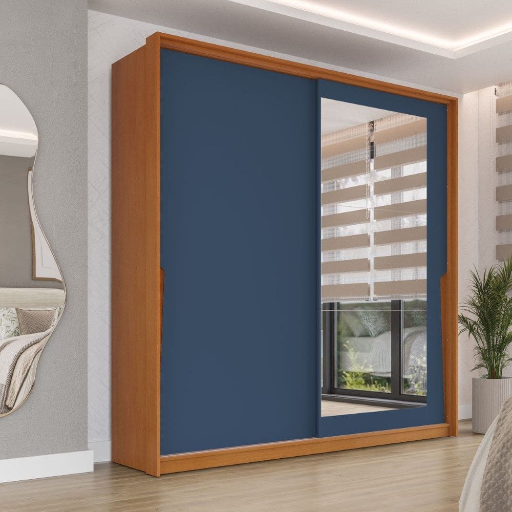 Guarda Roupa Roupeiro 2 Portas de Correr 2 Gavetas com Espelho Porto Freijó Azul Politorno Móveis