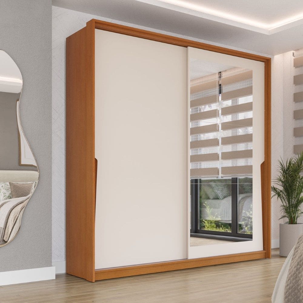 Guarda Roupa Roupeiro 2 Portas de Correr 2 Gavetas com Espelho Porto Freijó Creme Politorno Móveis