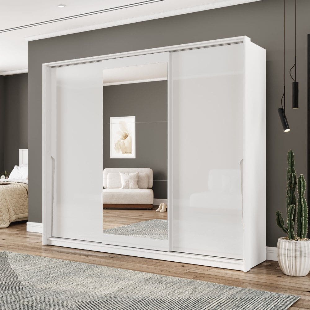 Guarda Roupa Roupeiro 3 Portas de Correr 4 Gavetas com Espelho Porto Branco Politorno Móveis