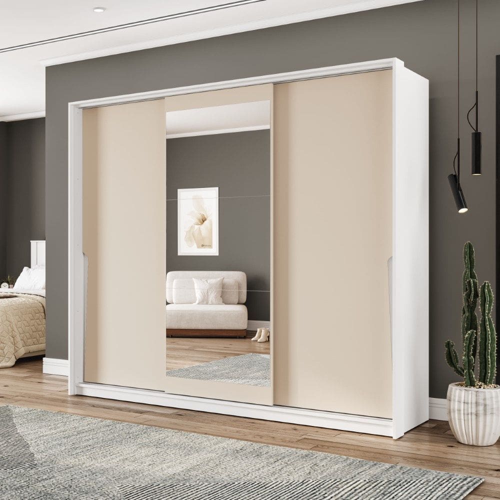 Guarda Roupa Roupeiro 3 Portas de Correr 4 Gavetas com Espelho Porto Branco Creme Politorno Móveis