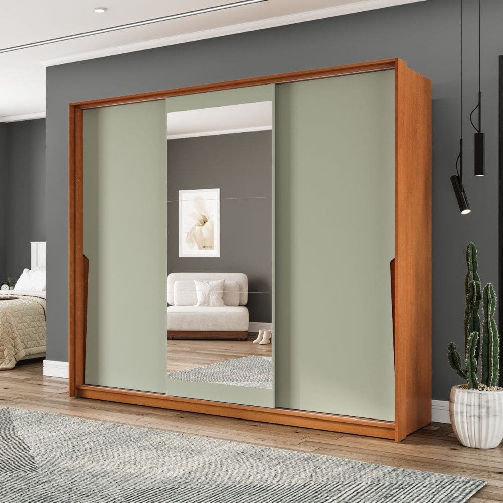 Guarda Roupa Roupeiro 3 Portas de Correr 4 Gavetas com Espelho Porto Freijó Verde Politorno Móveis