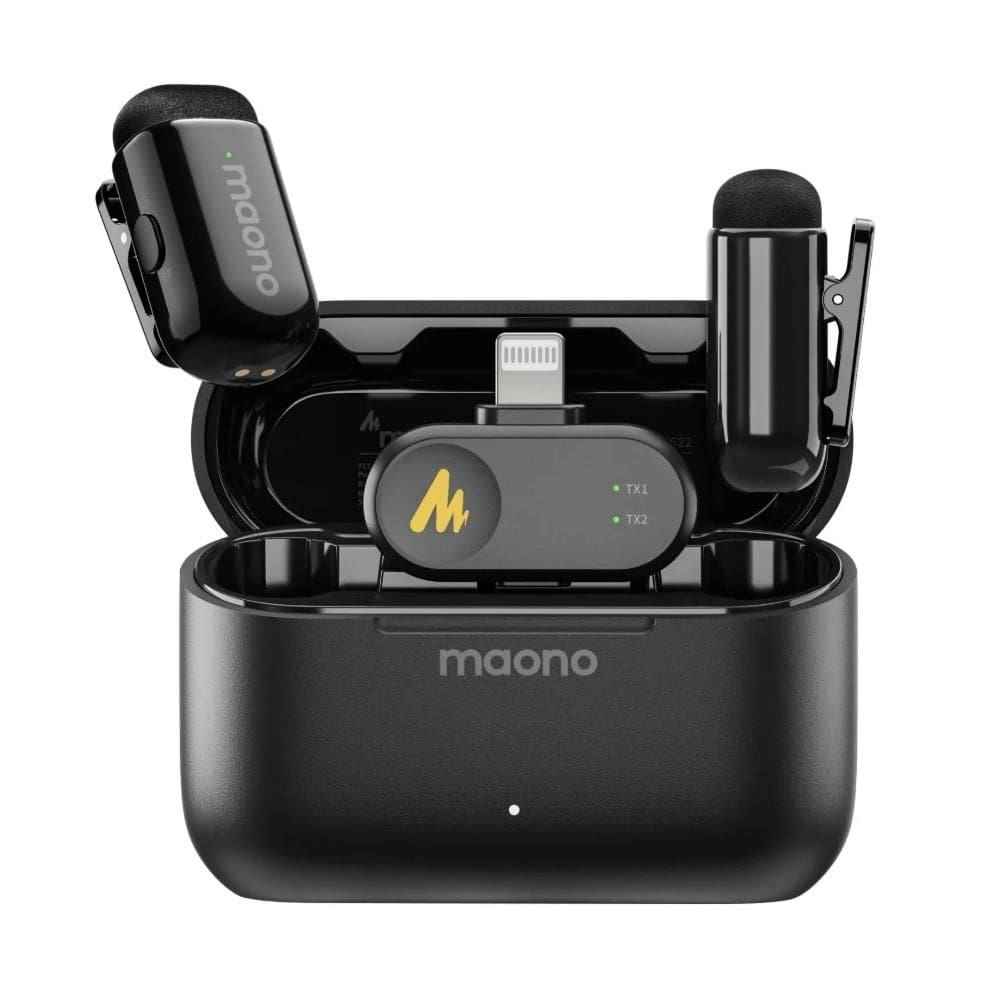 Kit Microfone Lapela sem Fio Maono Wave T1 Mini Preto, Versão Lightning, com Case de Carregamento, WM622 LIGHTNING
