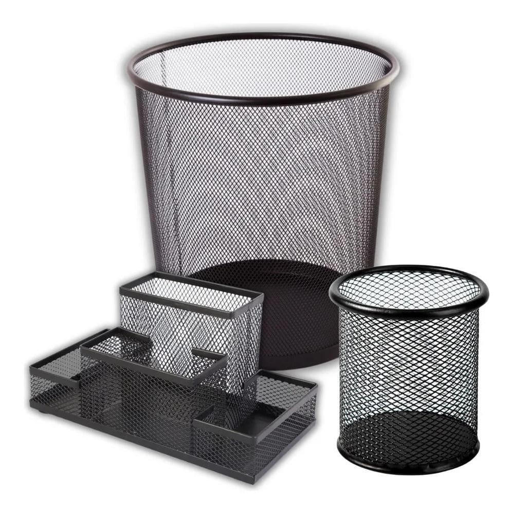 Kit Organizador De Escritório Preto Porta Treco Caneta Lixo