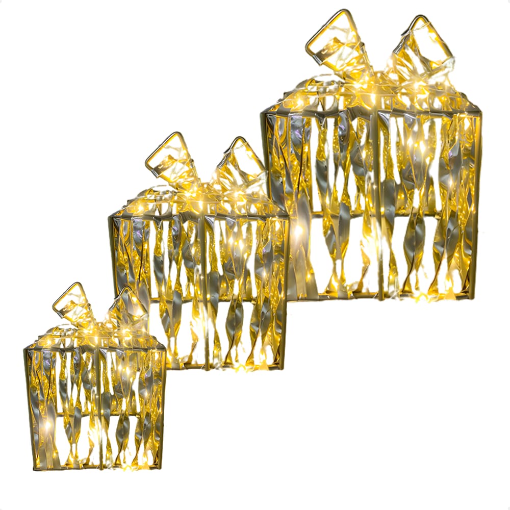Enfeite Natalino Iluminado Led 3 Caixas de Presentes Dourada Bivolt
