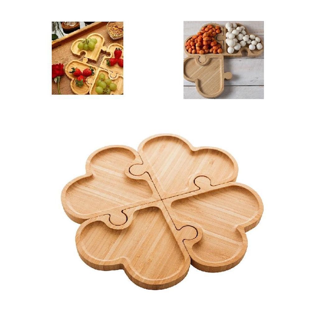 Petisqueira Bandeja De Madeira Coração Trevo 4 Divisórias