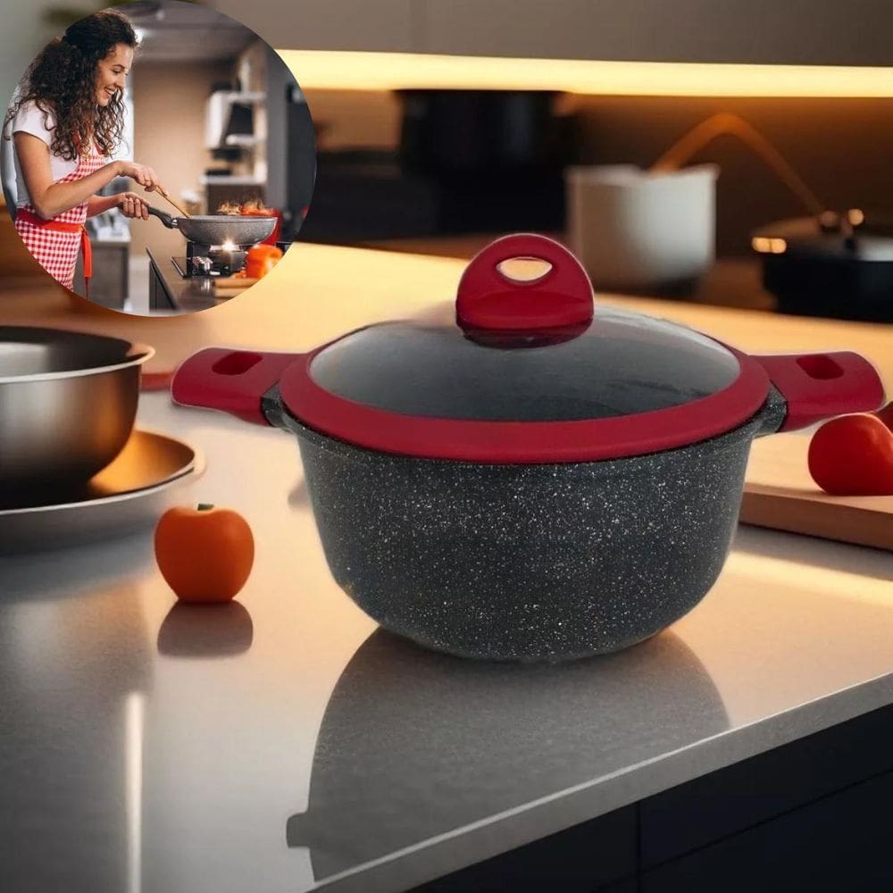 Kit Panelas Em Cerâmica Cor Preta Vermelho Ideal Presente